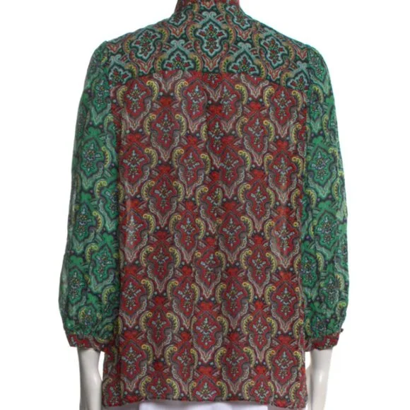 Alice Olivia Top M Sheila Blouson Tie Neck Bow Paisely Boho 3/4 Slv Career Sheer - Picture 4 of 5